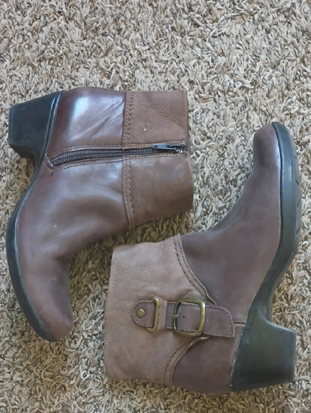 Used Clarks Brown Leather Ankle Booties with Buckle